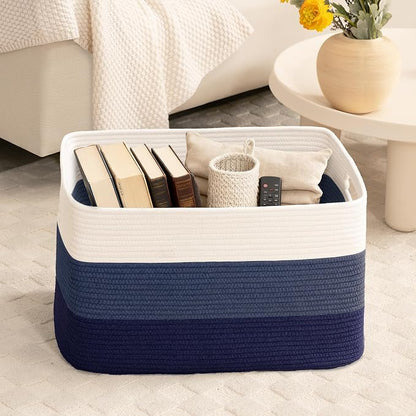 45L Small Laundry Basket with Leather Handles for Living Room Storage, Woven Rope Baskets Bin for Blanket, Kids Toy, Gifts, Wicker Hamper for Bedroom Dirty Clothes, 18"x14"x11" Gradient Blue