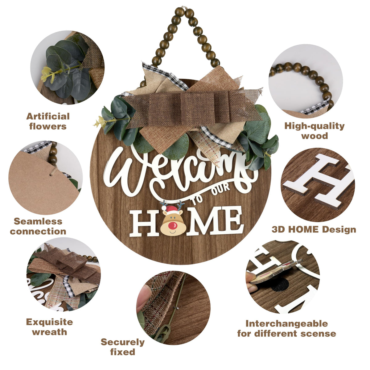 CondorPasea Interchangeable Welcome Door Sign with 16 Different Replaceable Patterns - 12" Round 3D Rustic Wooden Front Porch Decor, Artificial Leaves & Rustic Beads, Farmhouse/Classroom All Seasons Holiday (Christmas Halloween) Welcome Home Hanging Sign