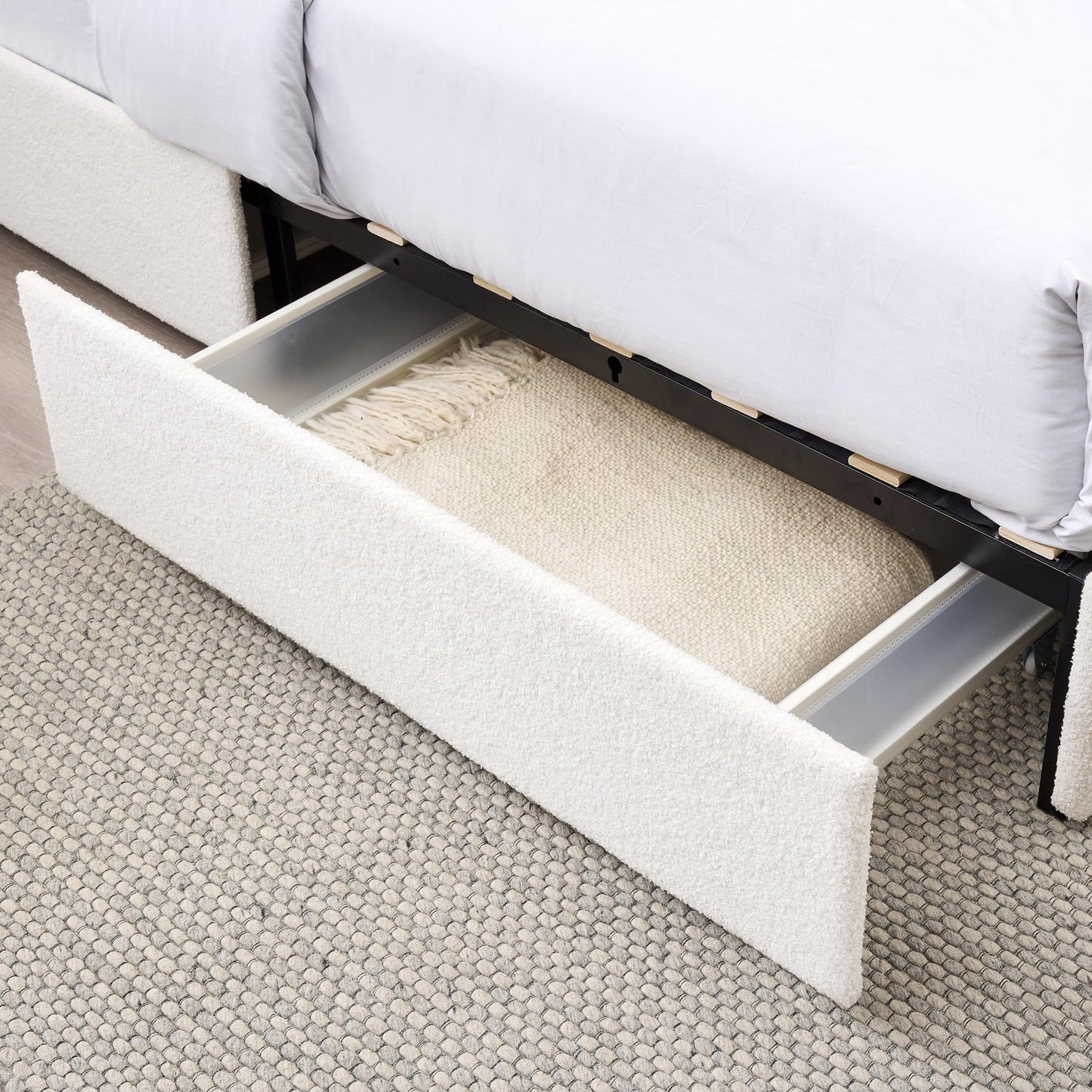 Ball & Cast Queen Size Bed Frame,Boucle Upholstered Platform Bed with Patented 2 Drawers Storage & Curved Stitched Headboard,Wooden Slats Support,No Box Spring Needed,Easy Assembly,Ivory