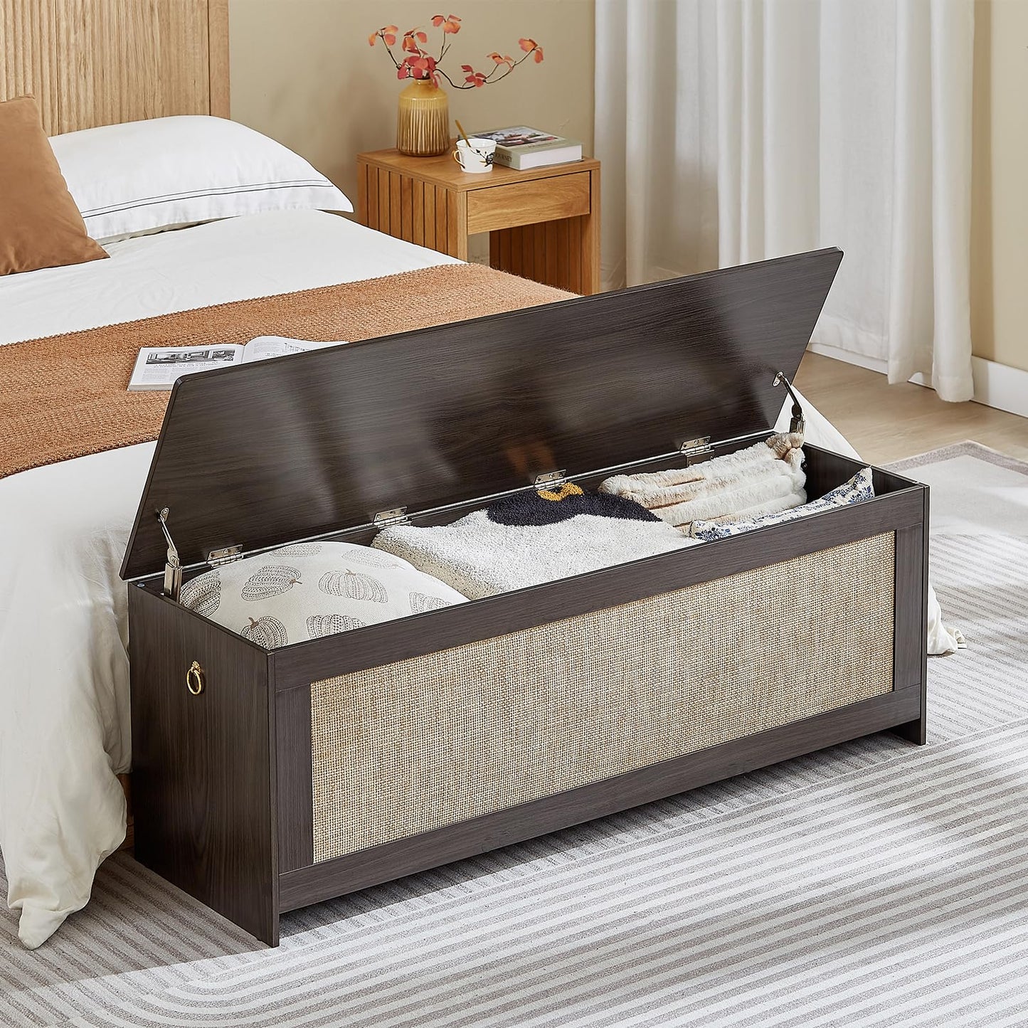 ZenFang 51.2" Storage Chest Extra Large,Storage Bench with 2 Safety Hinges,Wooden Shoe Bench,51.2x15.7x18.3 Inch,Easy Assembly,Storage Bench for Bedroom,Living Room,entryway(Obsidian Black)
