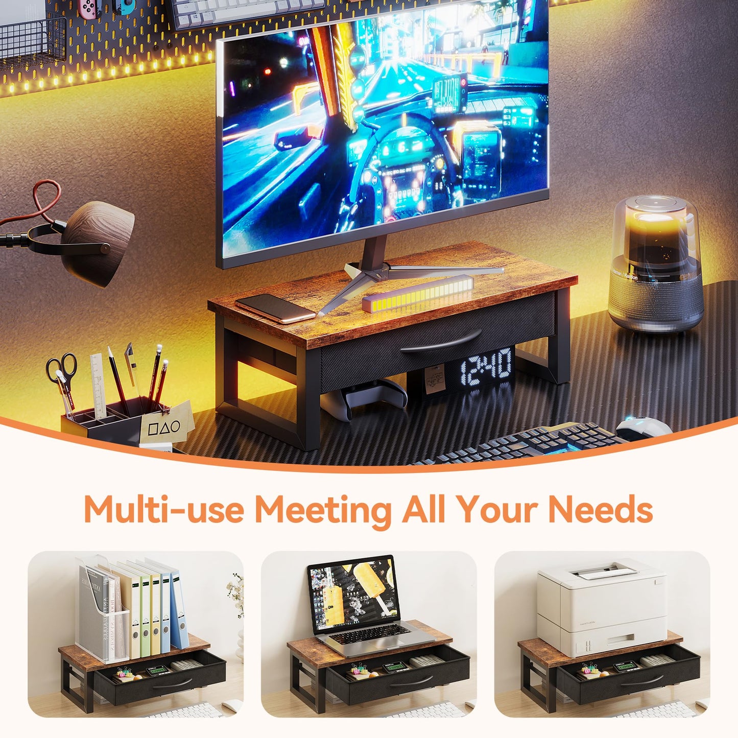 HEWORLIF Computer Monitor Stand Riser with Drawer, 2-Tier Desk Accessories & Workspace Organizers, Laptop Stand for Desk with Storage, Office Organization, Wood