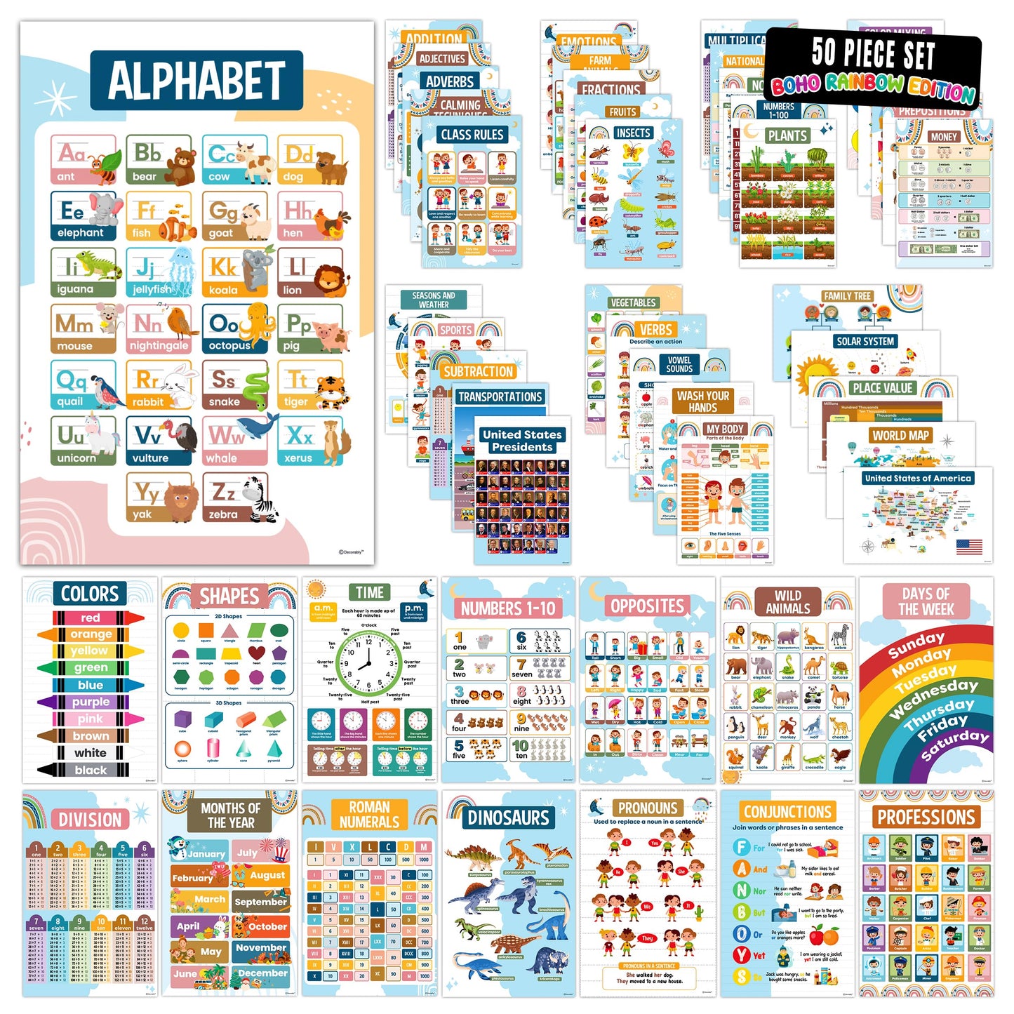 Decorably 50 Boho Rainbow Preschool Posters for Toddlers, Kindergarten, 11x17in Educational, Matte-Laminated Classroom Decor for School Hallways, Bulletin Boards, Home Study Room