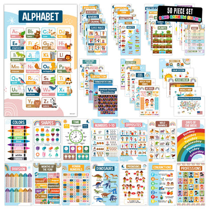 Decorably 50 Boho Rainbow Preschool Posters for Toddlers, Kindergarten, 11x17in Educational, Matte-Laminated Classroom Decor for School Hallways, Bulletin Boards, Home Study Room