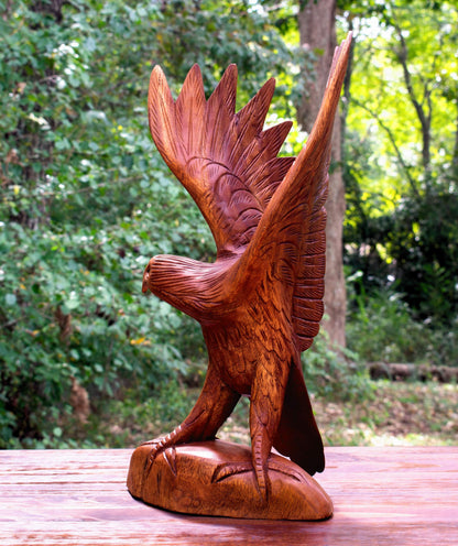 G6 Collection Hand Carved Wooden Eagle Statue, Open Wing Eagle Figurine Sculpture on Base, Rustic Wildlife Home Décor, Soaring Eagle (12" Tall)