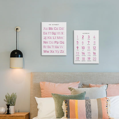 HRQKO Alphabet Numbers Nursery Canvas Wall Art Set of 2, Pink Kids Room Decor Framed Art, ABC Numbers Educational Posters Wall Decor for Classroom Toddler Kids Nursery Bedroom Playroom, 11x14 inch