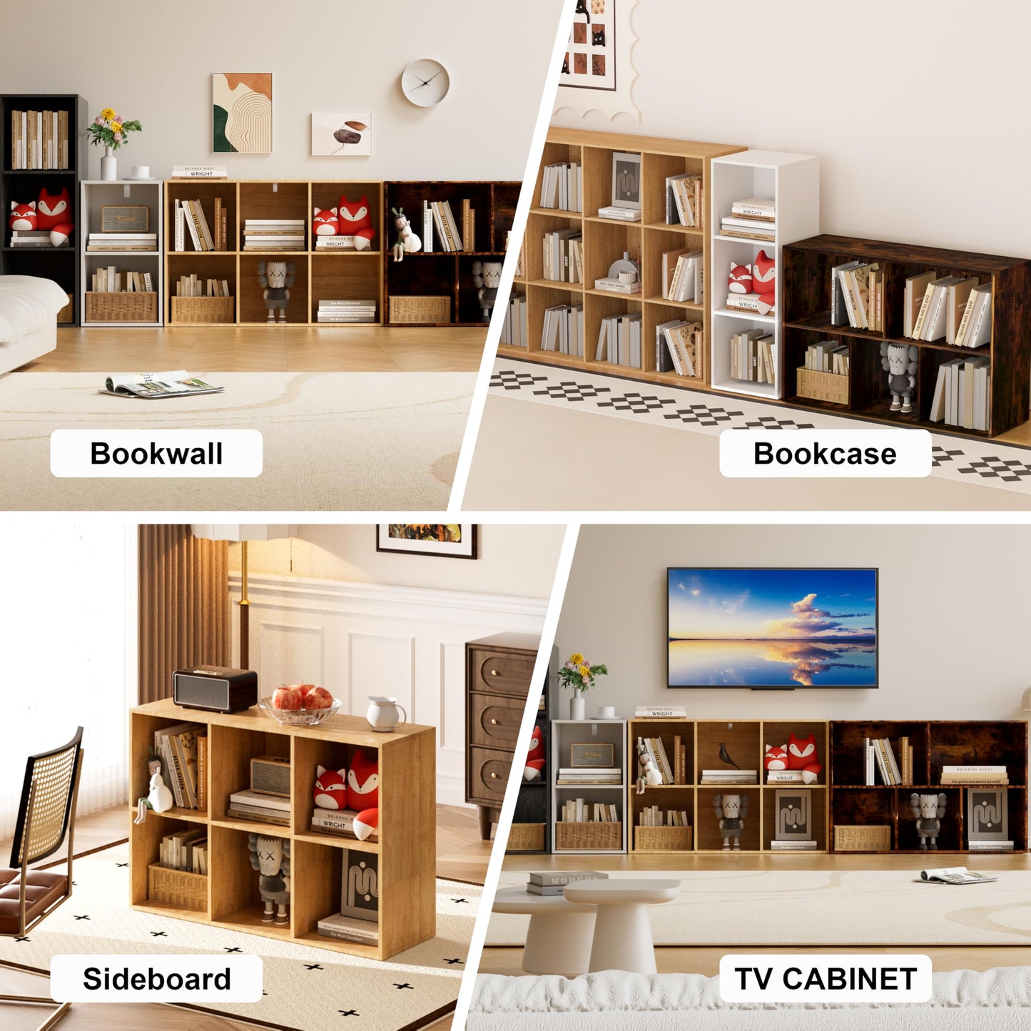 Nestwise Book Shelf, Wooden Cube Storage Organizer with 11" Open Cubes, Stackable Modular Bookcase for Room Divider Storage, 2 Tier Bookshelf for Living Room, Bedroom, Office (Black, 5-Cube)