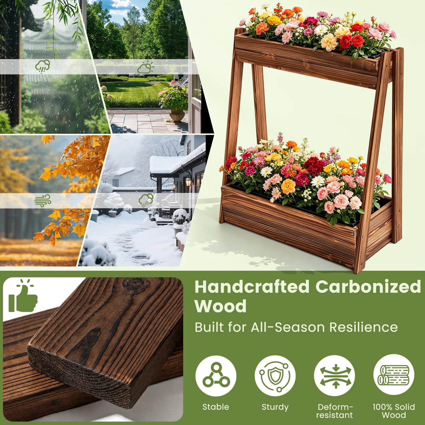 Ultym 2-Tier Elevated Raised Garden Bed, 36" H Fir Wood Planter Box with 23" Large Growing Space, Drainage Holes & Non-Woven Liner, Outdoor Flower Bed & Herb Garden Planter for Patio Balcony Backyard