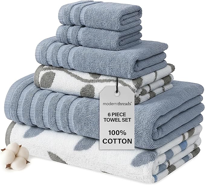 Modern Threads Organic Vines 6-Piece 100% Cotton Towel Set – Yarn Dyed Jacquard