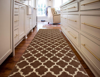 Custom Size Cut to Length Moroccan Trellis Design Runner Rug Mat For Wide Long Hallways with Non-Slip Rubber Backing, Better Traction for Pets, Prevent Slippage, Trellis Brown, 31 inch X 7 feet