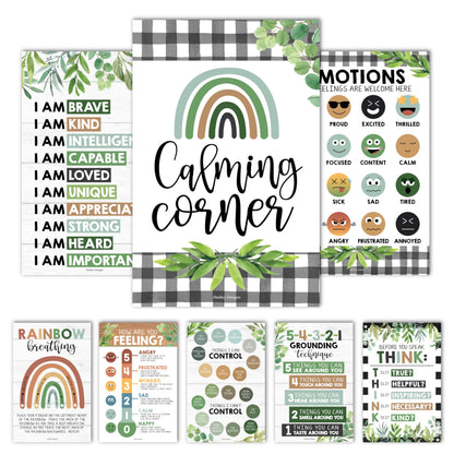 Hadley Designs 8 Calming Corner Posters for Classroom Must Haves - Calm Down Corner Supplies with Emotions Chart, School Counselor Mental Health Poster, Feelings Chart For Kids, Boho Classroom Decor