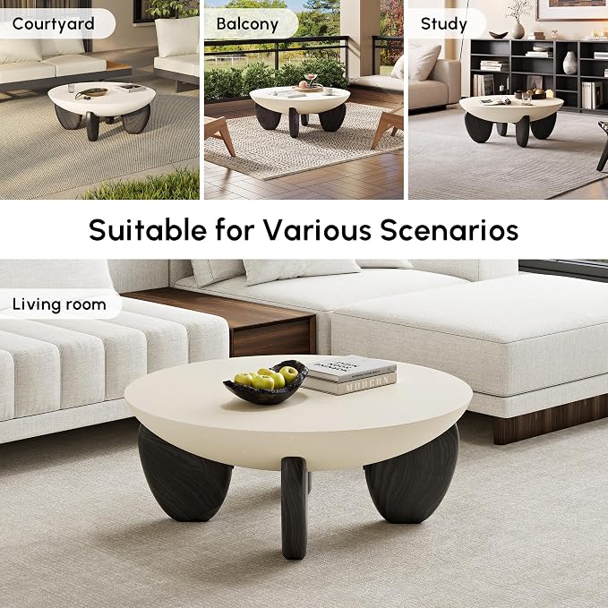 homary Round Concrete Coffee Table with Premium Walnut Ash Wood Legs, Modern Minimalist Cement Finish Center Table for Living Room (Black, 29.9" W x 29.9" D x 14.4" H)