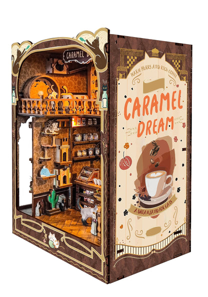 IBOHEYE Book nooks DIY Dollhouse Kit for Adults 3D Stereo Assembly Night Light Sensing Wooden Bookend Jigsaw Building Model Gifts for Family,Friends (Caramel Dreams)