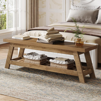 Tribesigns 55" Wood Entryway Bench with Shoe Storage, Large 2-Tier Narrow Hallway Foyer Seating Bench with Open Shelves for Entryway, Bedroom, Mudroom
