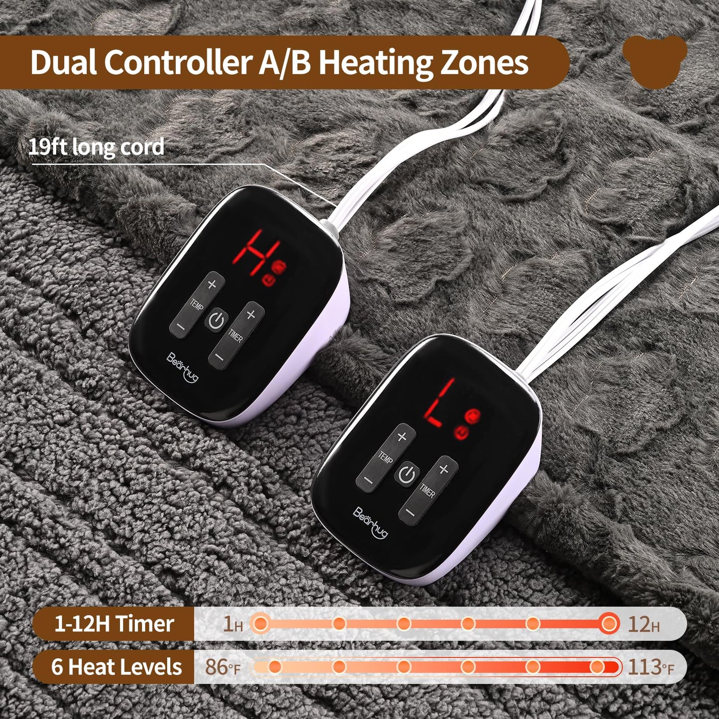 Bearhug Electric Blanket King Size 100" x 90", Dual Controller Heated Blanket, White Flower Patterns Faux Fur & Warm Sherpa, 10-Heat Levels & 1-12H Auto Off,ETL, Machine Washable