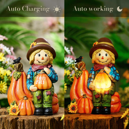 TERESA'S COLLECTIONS Fall Decor, Scarecrow Decor, Autumn Scarecrow Holding Pumpkin with Solar Lights, Waterproof Resin Outdoor Fall Decor, Fall Gifts Outdoor/Indoor,6.3"