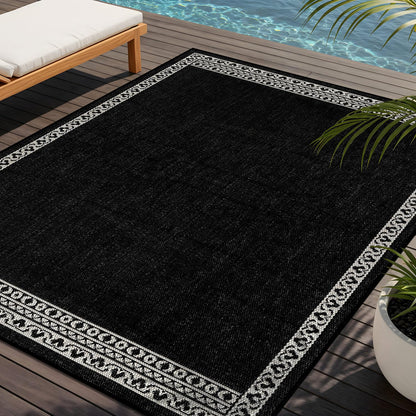 Washable Outdoor Rug 5x7 Modern Area Rugs Outdoor Carpets Bordered Pattern Non Shedding Waterproof Easy Clean Patio Deck Porch Living Room Bedroom Garden RV (5 X 7 Black)