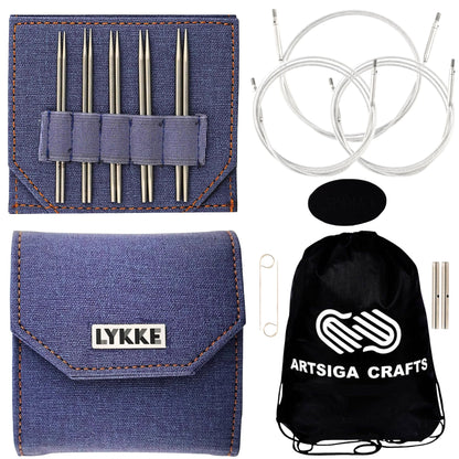 Lykke Flight 3.5 in. Mini Set US Sizes 0, 1, 1.5, 2, 2.5 Interchangeable Circular Knitting Needles for Lace, Fingering, Sock, Baby Yarn, Stainless Steel, 3 Cords, Denim Case, Project Bag