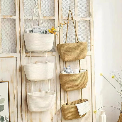 AARAINBOW Wall Hanging Cotton Baskets, Large 3 Tier Decorative Basket