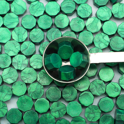 SWANGSA 360 Pieces Metallic Green Sealing Wax Beads Kit with 2 Pieces Tea Candles and 1 Piece Wax Melting Spoon for Wax Seal Stamp (Metallic Green)