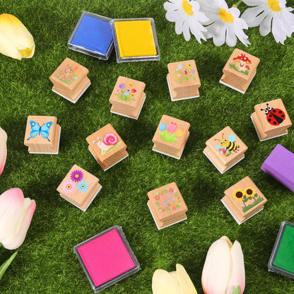 HOWAF 12pcs Spring Wooden Stamps, Hello Spring DIY Craft Rubber Stamps, Animal Daisy Flower Inking Stamp Pads Set, Butterfly Stamp Sunflower Inking Pads for Summer Party Supplies