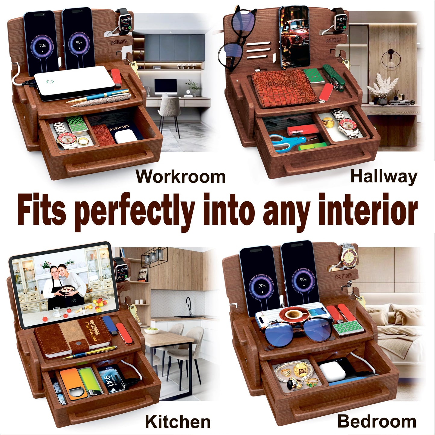 MED Wood Phone Docking Station for Men with Drawer — Nightstand & Desk Organizer for Husband & Dad — Key Holder, Wallet Stand, Watch Holder (Dark Walnut)