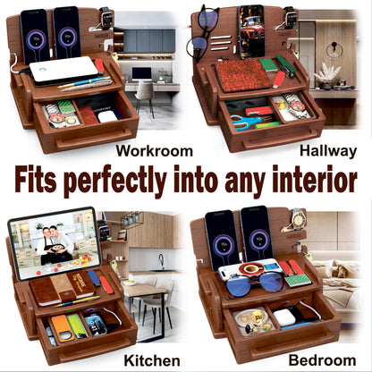 MED Wood Phone Docking Station for Men with Drawer — Nightstand & Desk Organizer for Husband & Dad — Key Holder, Wallet Stand, Watch Holder (Dark Walnut)