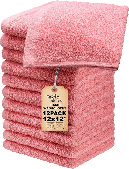 Basic Wash Cloths 12x12 Inches – Pack of 12 – Rose Pink Color – Soft and