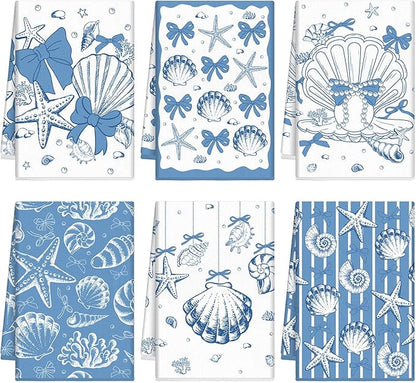 Breling Set of 6 Coastal Beach Kitchen Towels Blue Bow Dish Towel Bathroom
