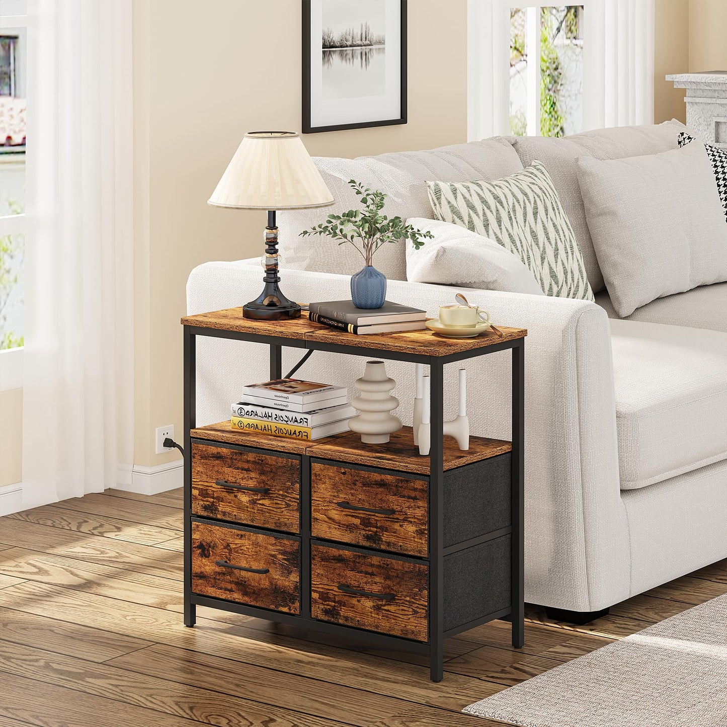 TUTOTAK Large Night Stand with Charging Station, Nightstand with USB and Type-C Port, Bedside Table with Cloth Drawers, End Table for Livingroom, Bedroom, Brown TB01BB081