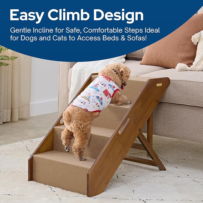 Stakmore Pet Steps with Solid Fruitwood Construction and Foldable Design, Stairs for High Beds for Pets in All Life Stages, Brown Felt