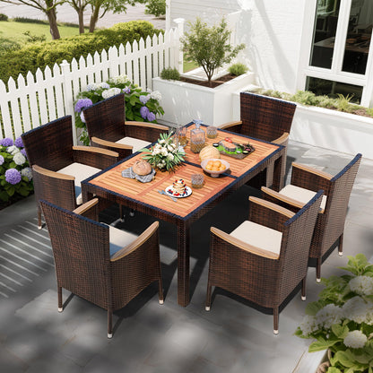Shintenchi 7 PCS Patio Dining Set, Wicker Patio Conversation Set with Wooden Table Top, Outdoor Table and Chairs with Soft Cushions for Backyard, Deck and Garden, Brown Wicker