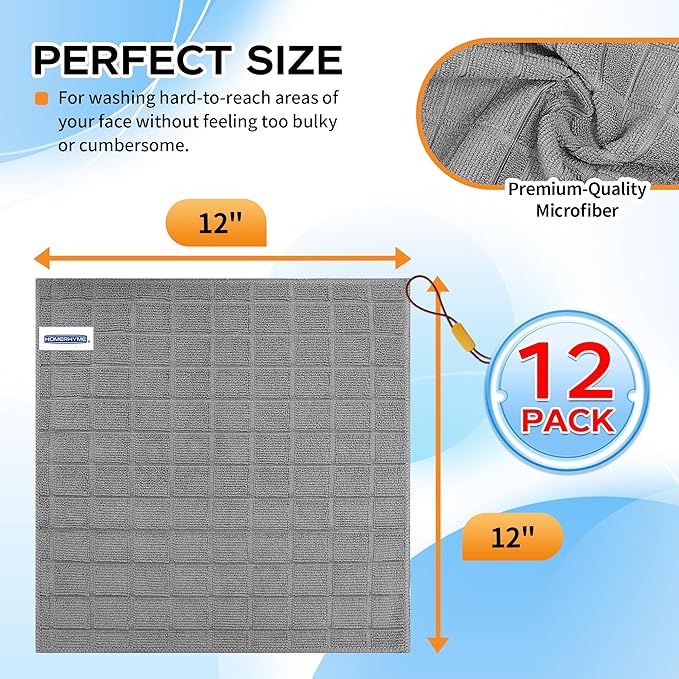 HOMERHYME Microfiber Washcloths, 12 Pack Wash Cloths Face Towels, Soft Lint