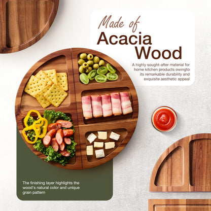 TIDITA 30 inch Large Acacia Wood Charcuterie Board with 4 Knives Set, Magnetic - 3 Parts Wooden Round Tray for Cheese - Long Appetizer Board for Serving Food Platter Cracker Snack