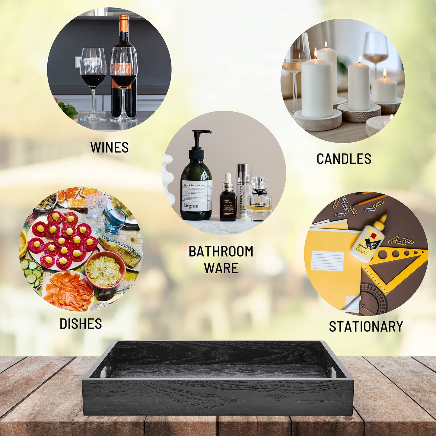 ATZYmolin Wood Serving Tray with Handles, Home Decorative Wooden Rectangle Ottoman Decor Platter Vanity Tray for Breakfast Dinner Drinks Kitchen Dining Living Bathroom Restaurants Black