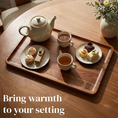 Premium Natural Teak Wood Medium Rectangular Serving Tray – Solid Wooden Display & Drink Tray 15.75 x 11.02 x 0.79 Inch with Raised Rim – Coffee, Wine, Food & Entertaining Tray for Kitchen & Home