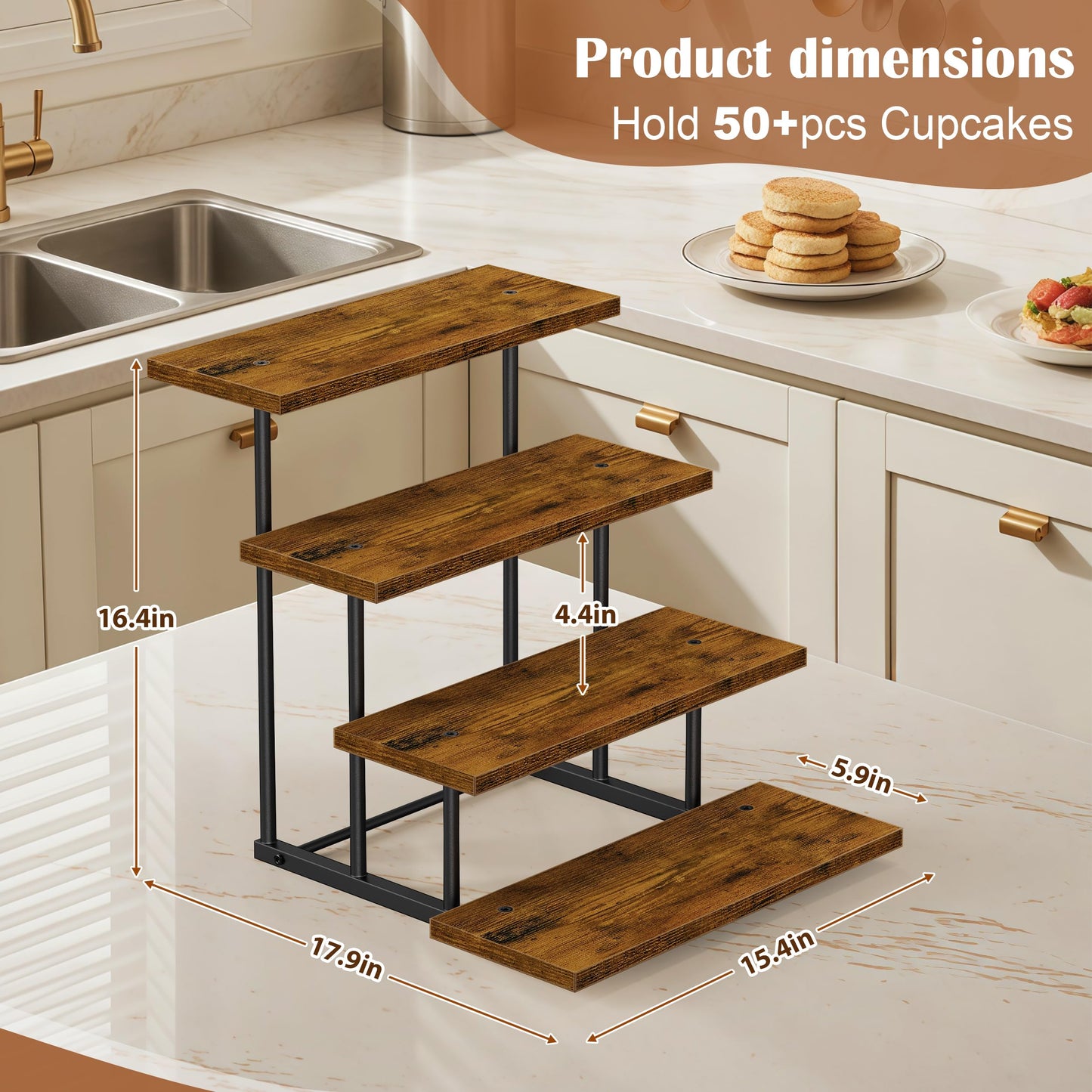 Emfogo Wooden Cupcake Display Stand, 4 Tier Rectangular Tiered Dessert Stands, Cupcake Display Risers for Vendor Booth Dessert Table Party Wood Serving Tray for Cup Cake Cookie Food (1 Pack)