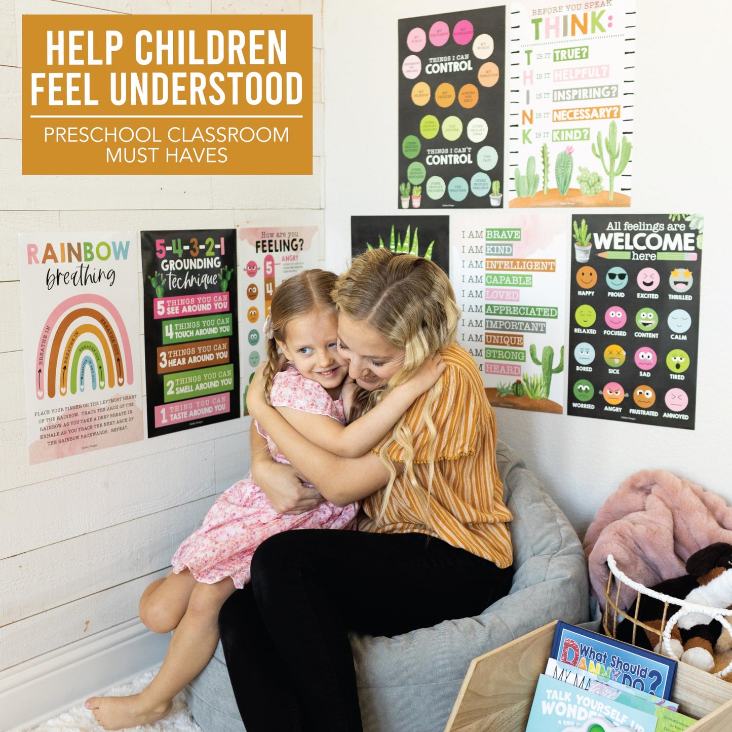 Hadley Designs 8 Calming Corner Posters for Classroom Must Haves -Calm Down Corner Supplies with Emotions Chart,School Counselor Mental Health Poster,Feelings Chart For Kids, Farmhouse Classroom Decor