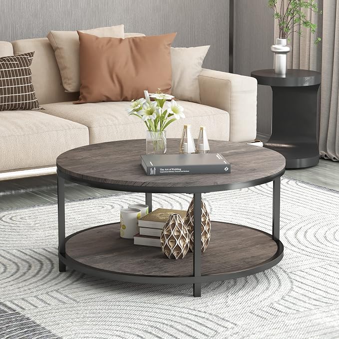NSdirect Round Coffee Table,36" Coffee Table for Living Room,2-Tier Rustic Wood Desktop with Storage Shelf Modern Design Home Furniture(Light Walnut)