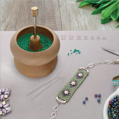 The Beadsmith Spin & String – Bead Stringing Wooden Spinning Wheel with 2 Needles, 4.4” High, 5.6” in Diameter, Quickly String Seed Beads for Jewelry