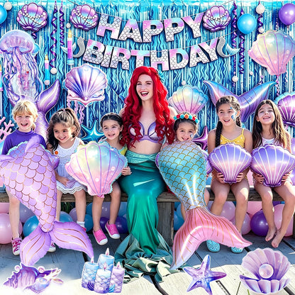 Mermaid Birthday Party Decorations, Under the Sea Party Supplies with Light Blue Wavy Tinsel Curtain, Happy Birthday Banner, Hanging Swirls,Shell Tail Foil Balloons for Girls Birthday