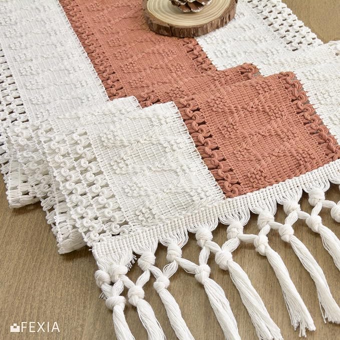 FEXIA Boho Table Runner for Summer Home Decor with Tassels 72 Inches Farmhouse Long Rustic Table Runner Macrame Burlap Centerpieces for Tables Decoration for Living Room Coral (12x72 Inches)