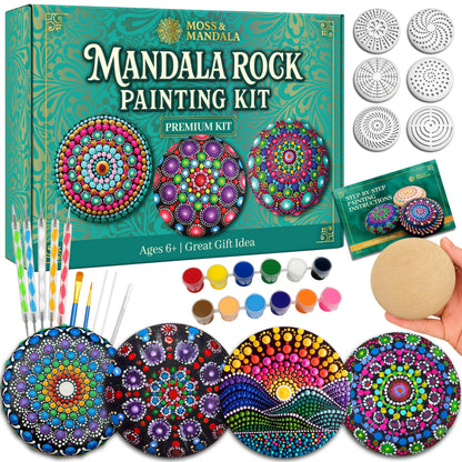 Mandala Rock Painting Kit – Mandala Dotting Tools Set - 5 Large Wooden Rocks + 6 Stencils + Acrylic Paints - Relaxing Arts and Crafts for Adults Women - DIY Hobbies Art and Projects Dot Art Kit