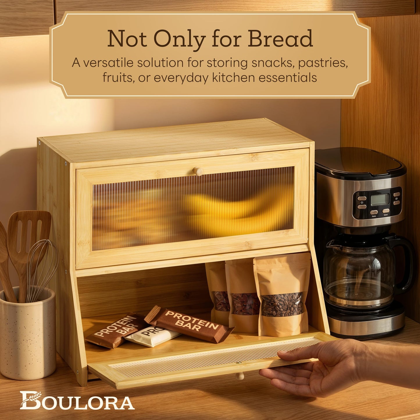 Boulora Large Bread Box for Kitchen Countertop - Bamboo Wooden Bread Box, Vintage Breadbox Countertop Cabinet, Double-Layer XL Sourdough Holder, Ventilated Clear Windows, Cutters & Sealers
