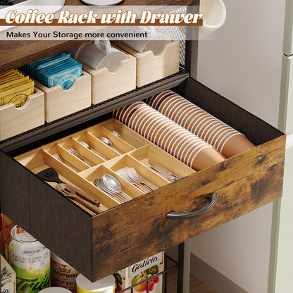 Dsmadn Small Coffee Bar Cart with Drawer Srorage, Office Coffee Bar Station Organizer Mug Cup Holder Stand, K Cup Holder Rack for Home Buffets & Sideboards for Kichen, Entryway, Living Room (Black)