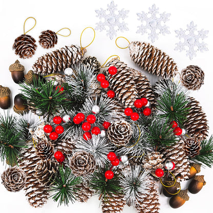 Christmas Decorations Pine Cones, 138PCS Natural Pinecones Berry Pine Branch Snowflake Set, White Christmas Ornaments Indoor Table Decor for Home Winter Decoration, Wreath Making Supplies