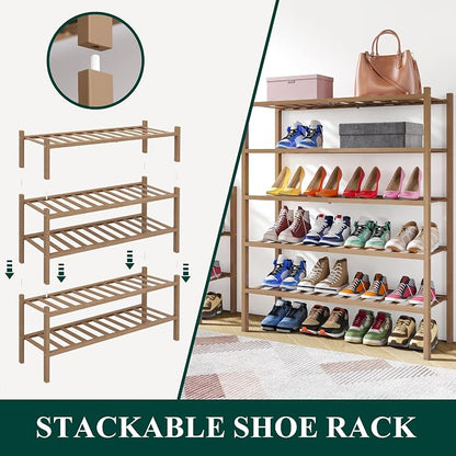 Smiry Bamboo Shoe Rack, 4 Tier Free Standing Wooden Shoe Organizer, Stackable Wood Shoe Storage Shelf for Closet, Entryway, 14 Vertical Slats, 2+2 Stack Heavy-Duty Legs, 26.8"x11"x26", Walnut