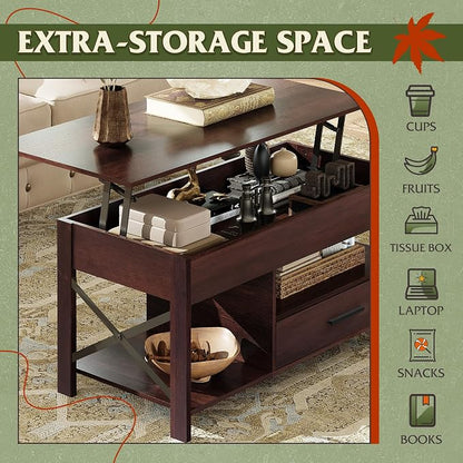 WLIVE Coffee Table, 39" Lift Top Coffee Table with Hidden Compartment, Storage Drawers and Storage Shelf for Living Room, Reception Room, Espresso