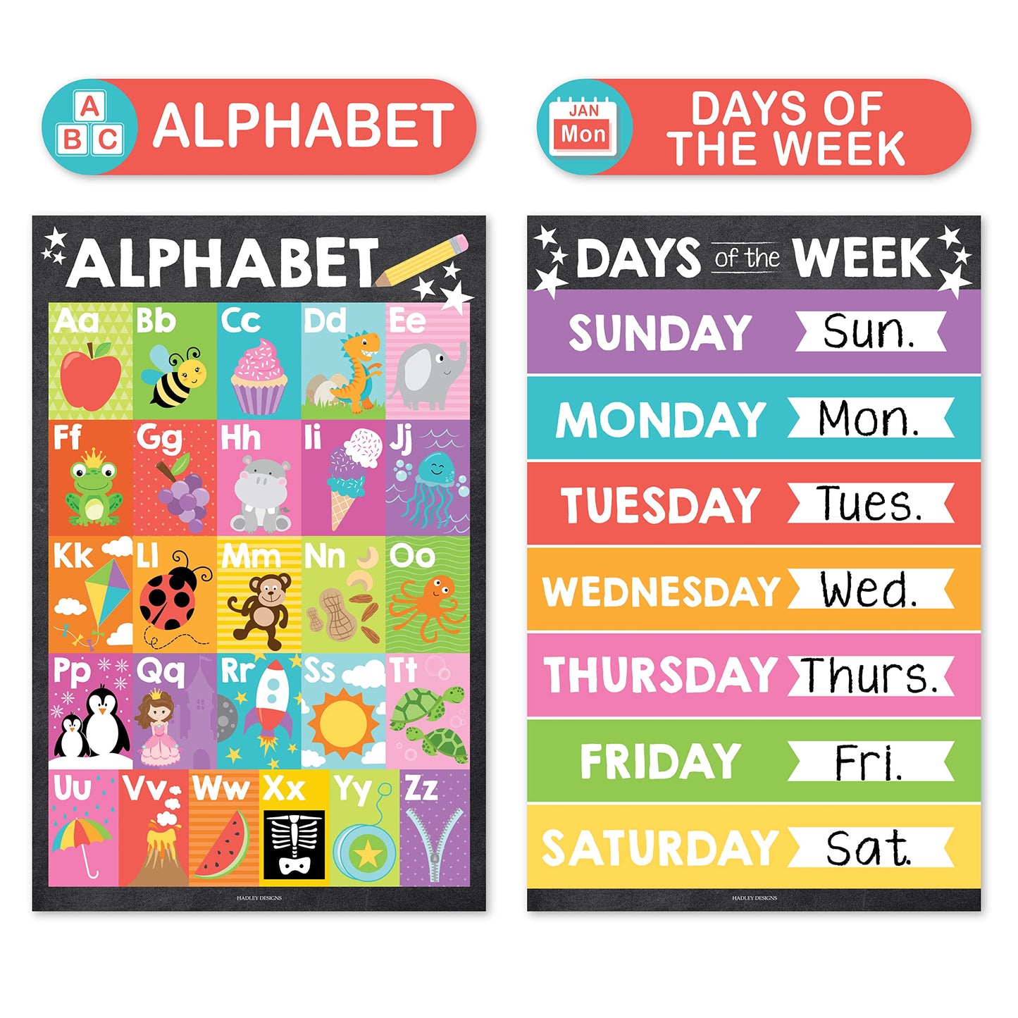 Hadley Designs 4 Alphabet, Months of the Year, Weather, Days of The Week Calendar For Kids, ABC Chart for Wall for Toddlers, Laminated Charts for PreK Classroom or Homeschool, Chalk Posters 11x17