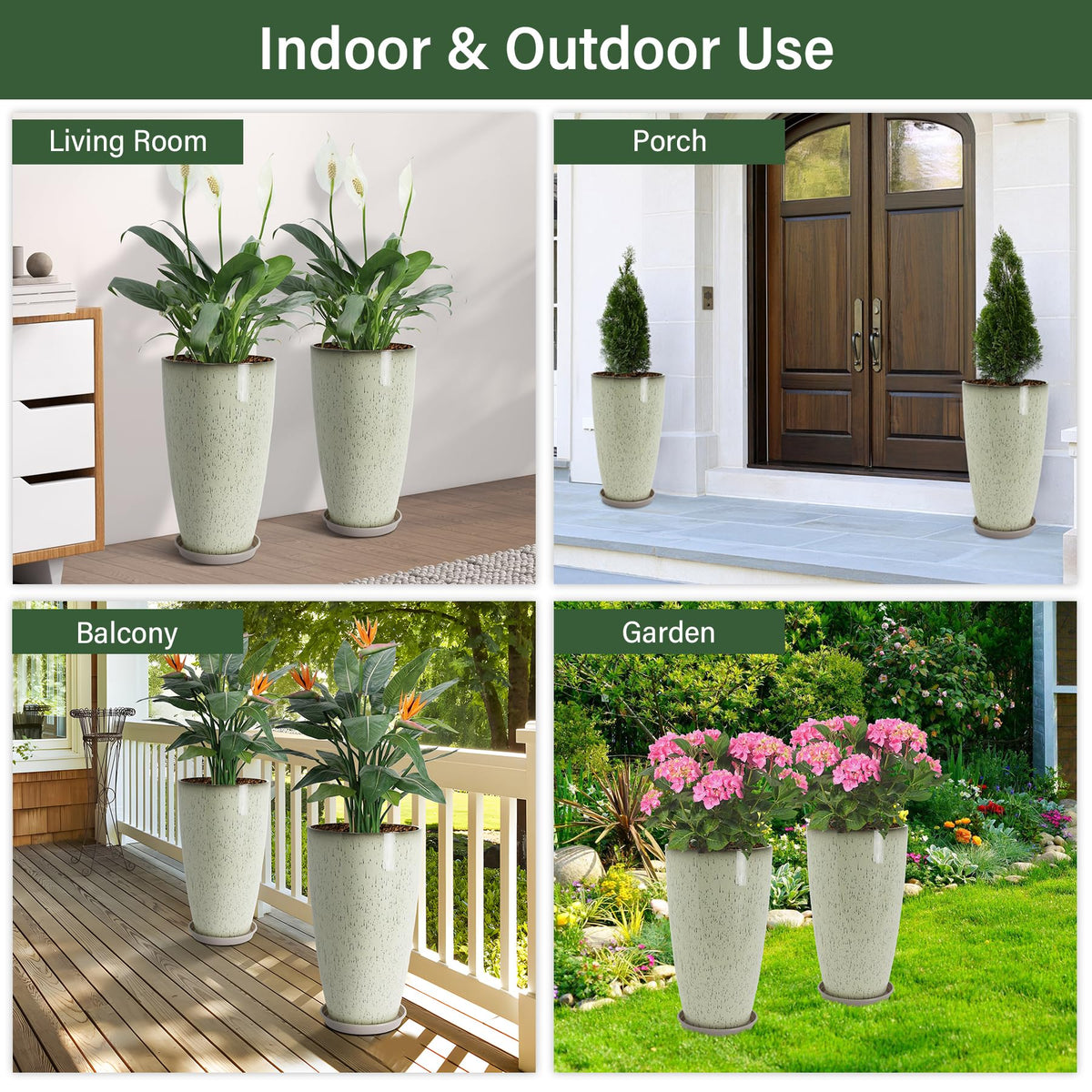Neoaider Set of 2 Lightweight Ceramic-Look Tall Planter, 21 inch Large Plastic Planter with Drain Hole & Saucers, Large Outdoor Planters for Porch, Garden, Patio, Balcony(Drip Glaze)