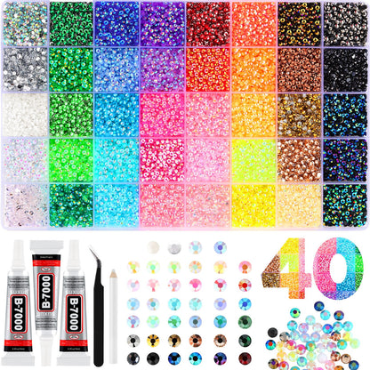 Zefy 40 Colors Resin Jelly Rhinestones for Bedazzling, 3mm 40000 Pcs Flatback Gems for Crafting, Bedazzling Kit with 3Pcs B7000 Glue for Clothing Shoes Nail Book Diamond Art